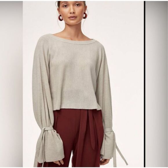 Aritzia Wilfred 100% Merino Wool Emmy Crop Beige Tie Sleeve Scoop Neck Sweater S - Picture 1 of 12